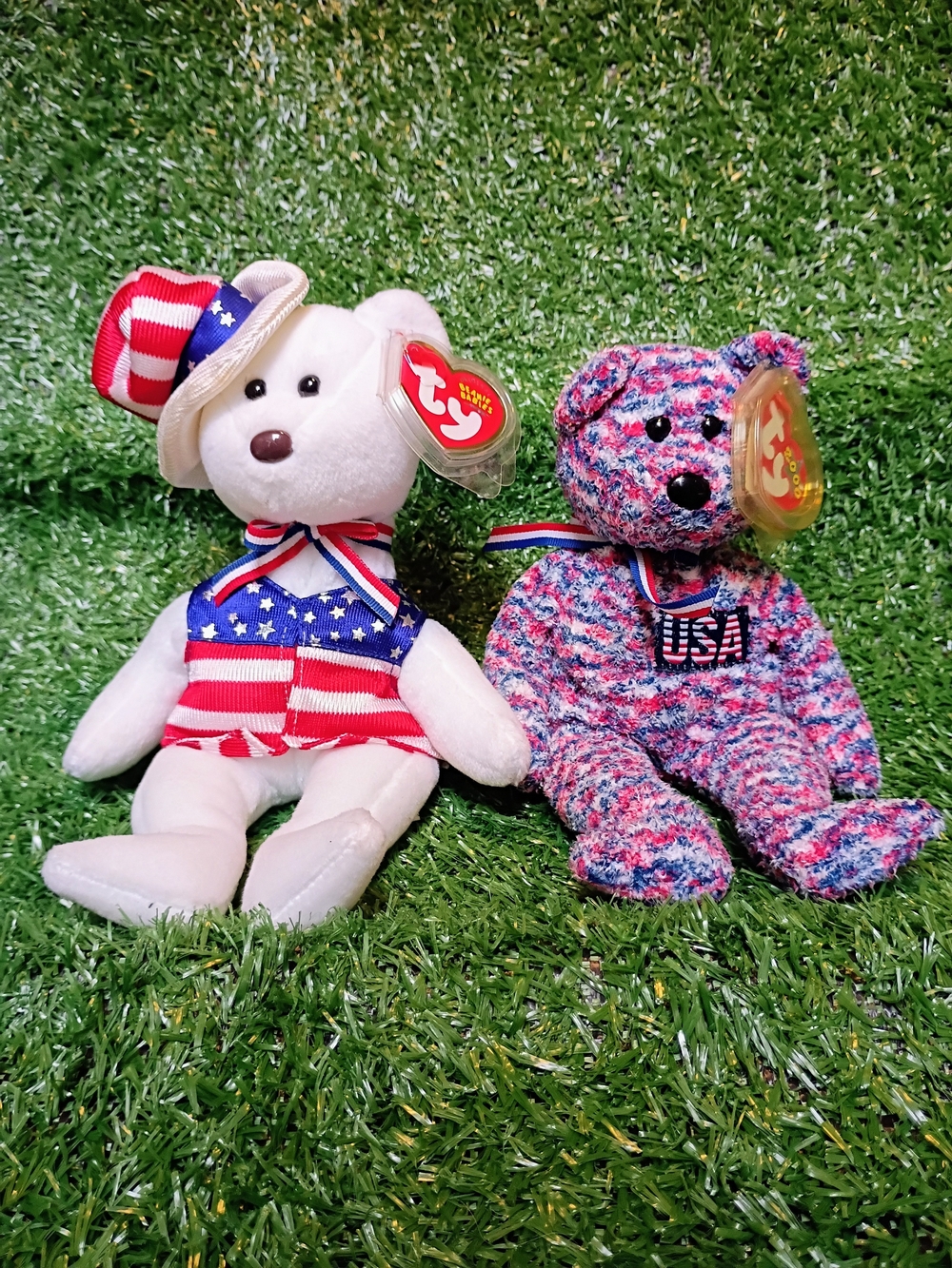 TY Beanie Baby USA Patriotic Bears - Red White Blue- "USA" And "Sam"